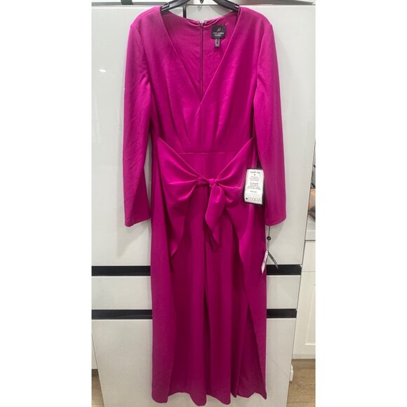 Adrianna Papell Hot Orchid Tie-Front Crepe Jumpsuit Size 12 Long Sleeve V-Neck M - Picture 5 of 8